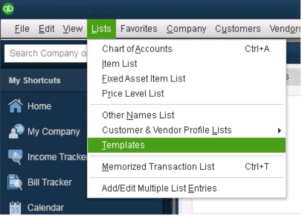 Dropdown menu showing lists highlighted in green and templates selected in green. 