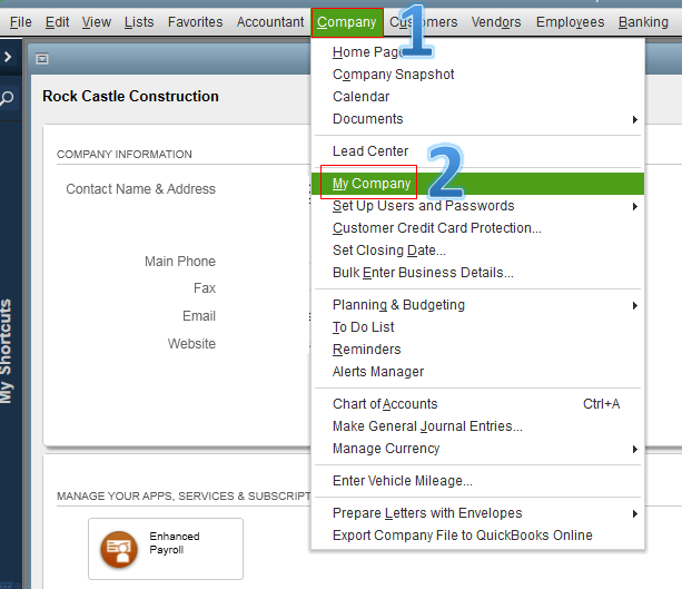 My company tab selected and highlighted in green in a drop down menu as Steps 1 and 2
