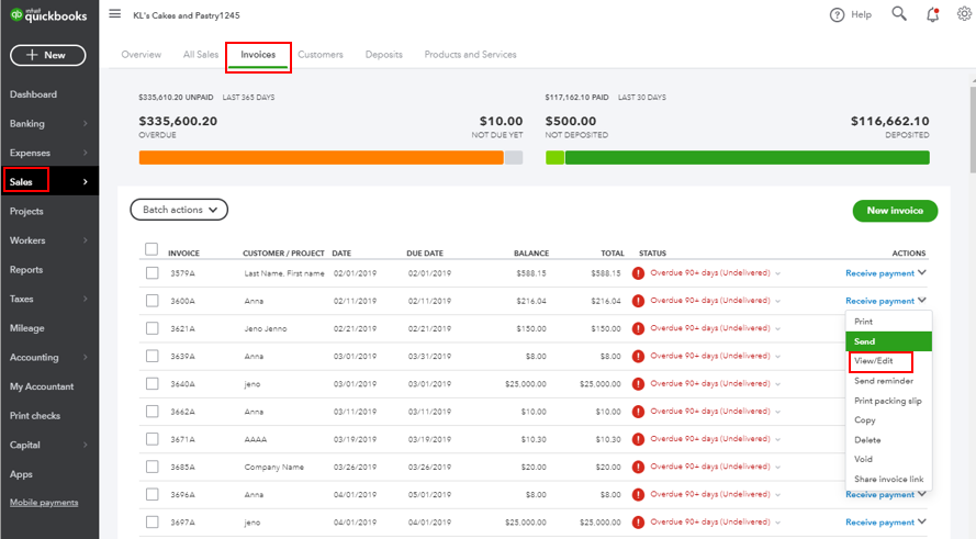 A dashboard showing 'sales' highlighted in the left-side menu, as well as invoices highlighted in the upper menu. Overdue and Deposited amounts shown through orange and green charts in the upper area of the dashboard.