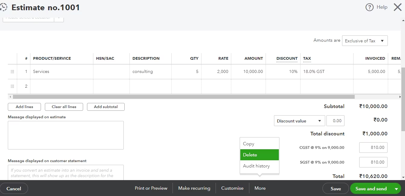 Screenshot of a QuickBooks estimate.