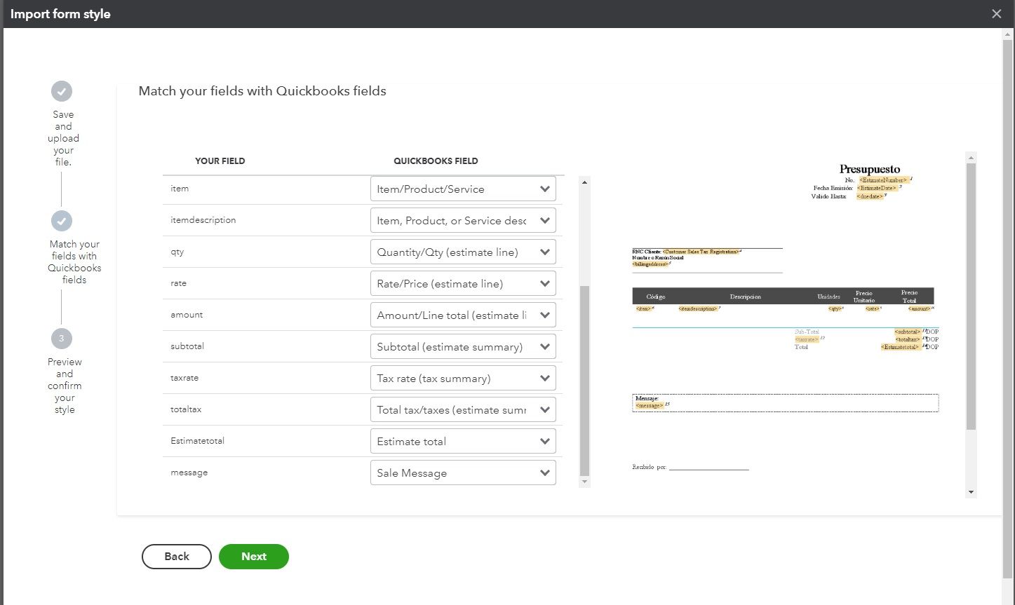 Screenshot of a QuickBooks "Import form style" window.