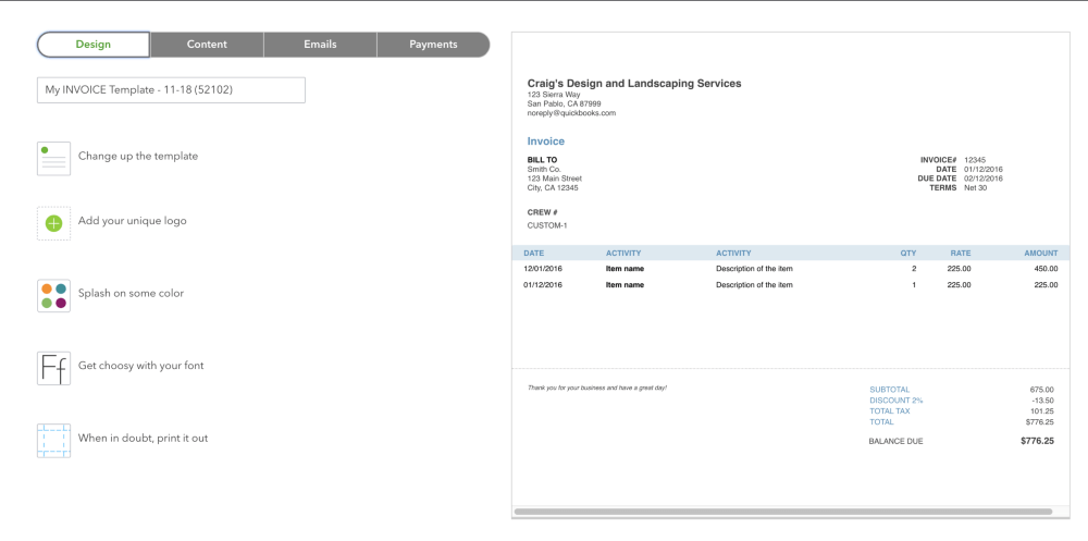QuickBooks invoice design tab showing customization options