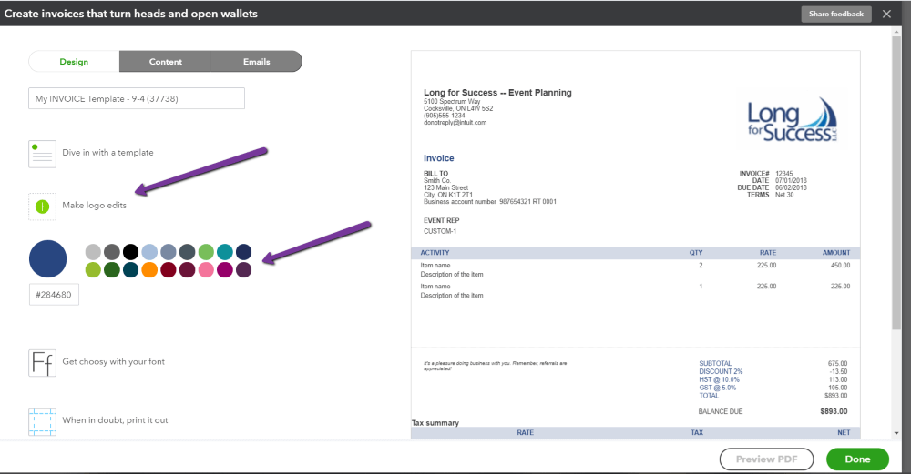 QuickBooks invoice template showing an example of design customization options for a company called Long success