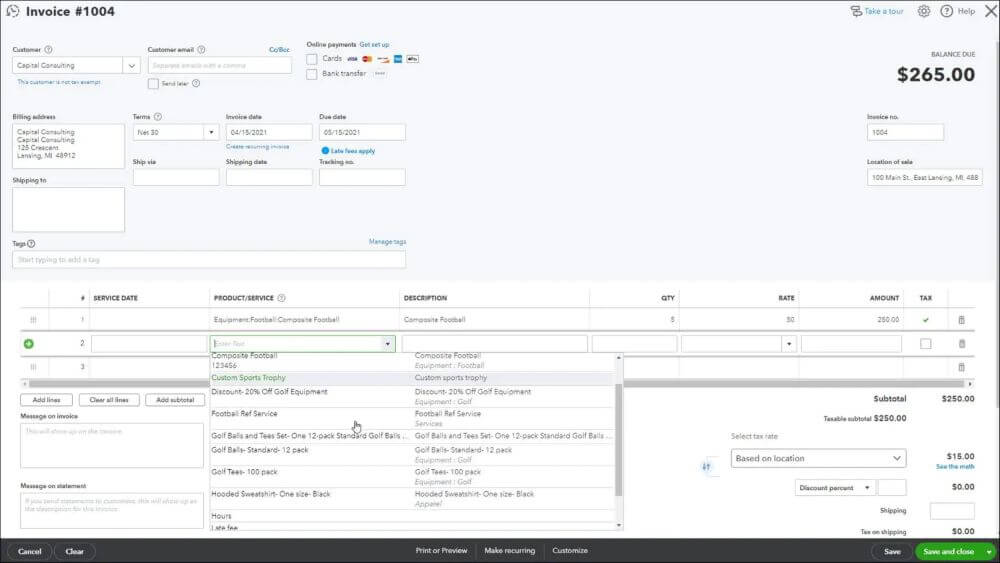 QuickBooks invoice template showing the product/service section with a dropdown menu selecting custom sports trophy