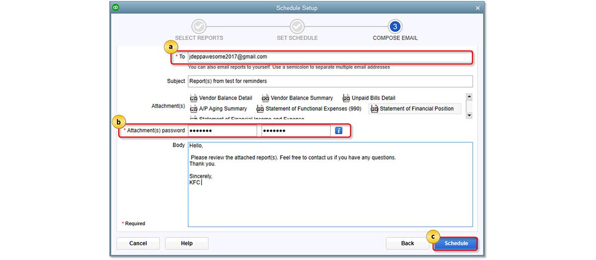 Composing email for an automated report in QuickBooks Desktop