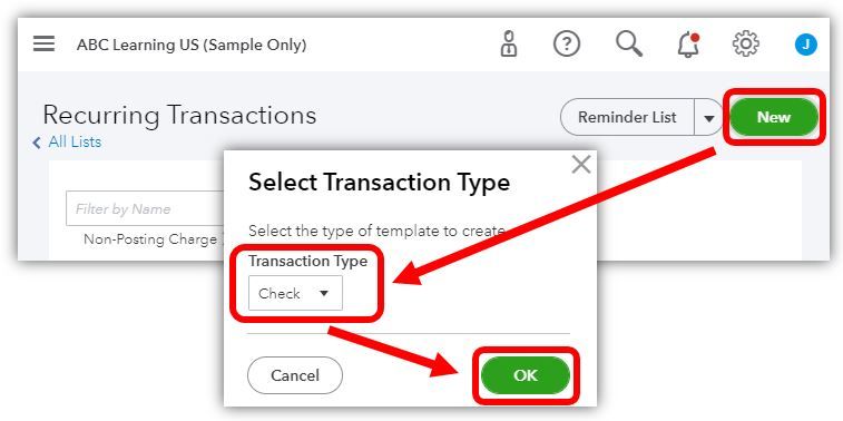 Selectiong a transaction type in a QBO Recurring Transaction
