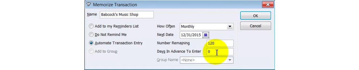 QuickBooks Memorize Transaction