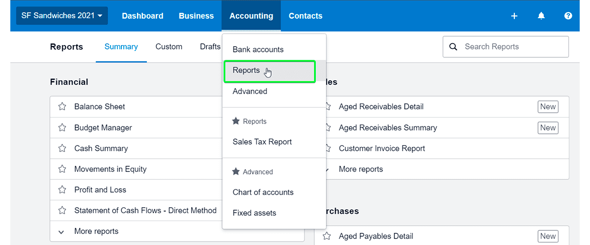 Access reports in Xero