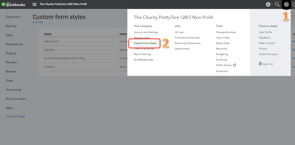 Settings drop down menu in QuickBooks showing custom form styles selected for a company