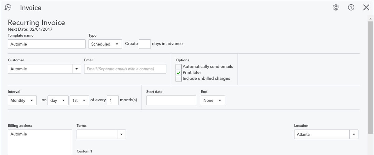 Recurring invoice in QuickBooks