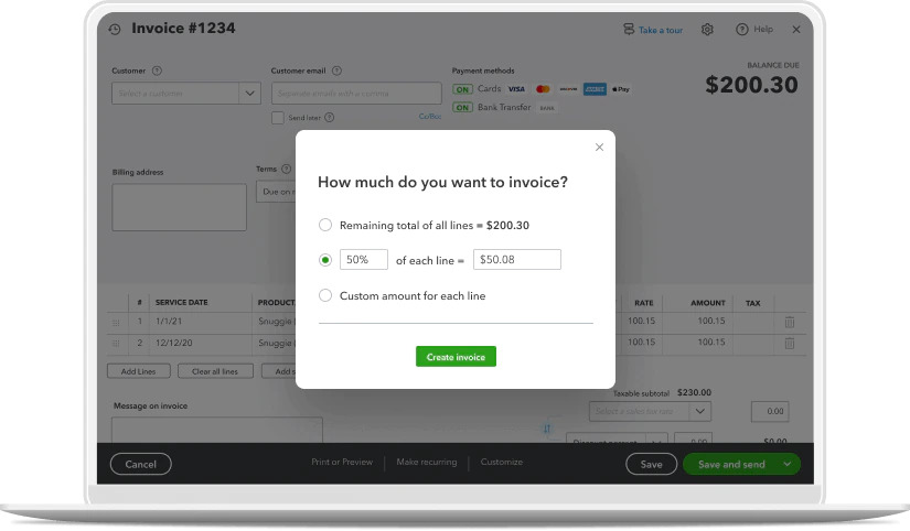 A product shot of QuickBooks Online showing the invoice functionality.