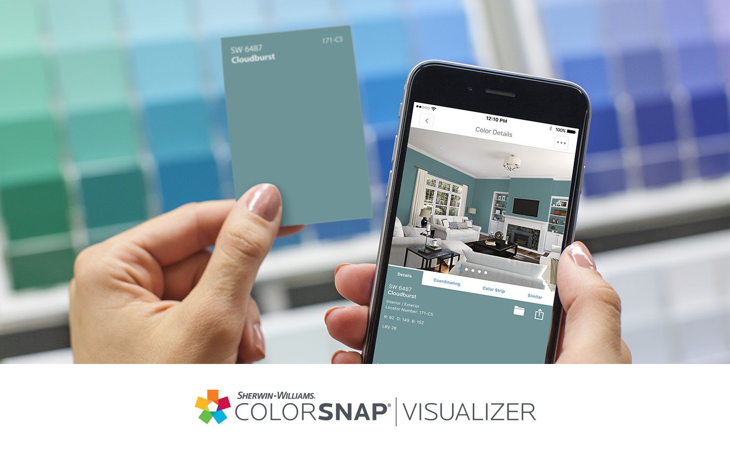 A product shot of ColorSnap Room Visualizer on mobile, with someone holding a paint color sample next to it.