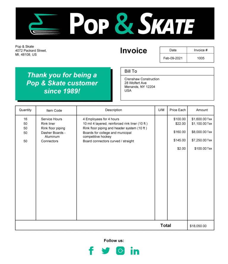 Invoice example from a business called Pop & Skate