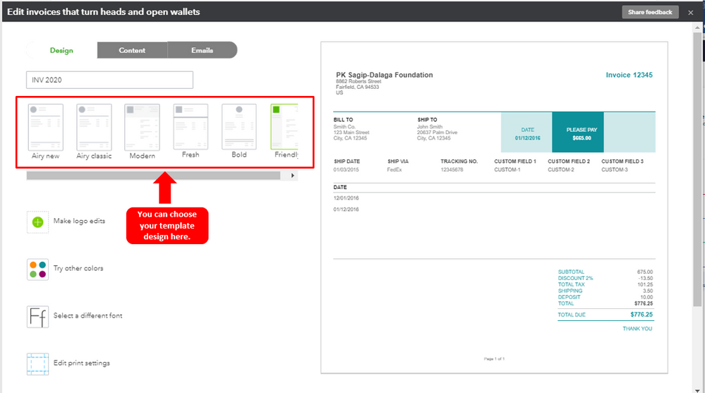 Arrow pointing to Invoice template design in QuickBooks template customization window