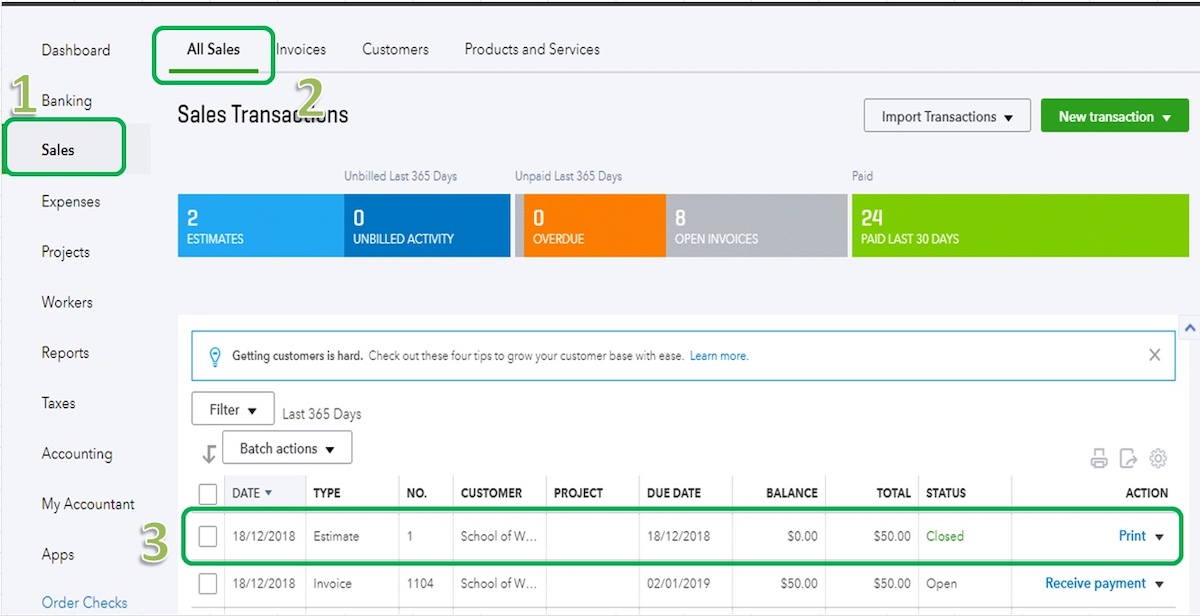 QuickBooks process for converting an estimate into an invoice