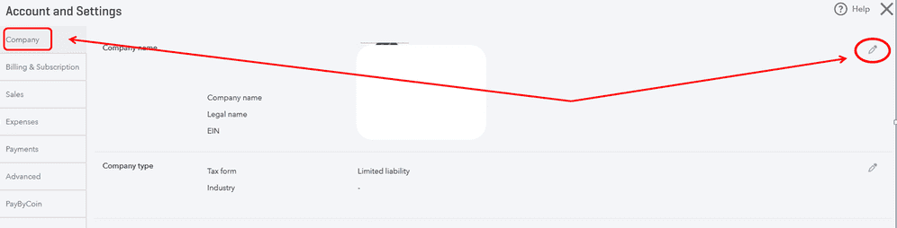 image showing how to edit your company name with a red circle around a pencil icon