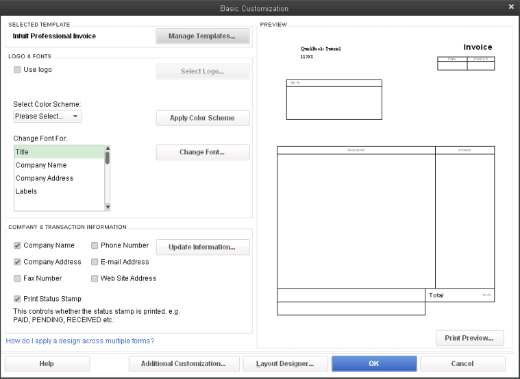 QuickBooks form customization with title selected from a dropdown menu