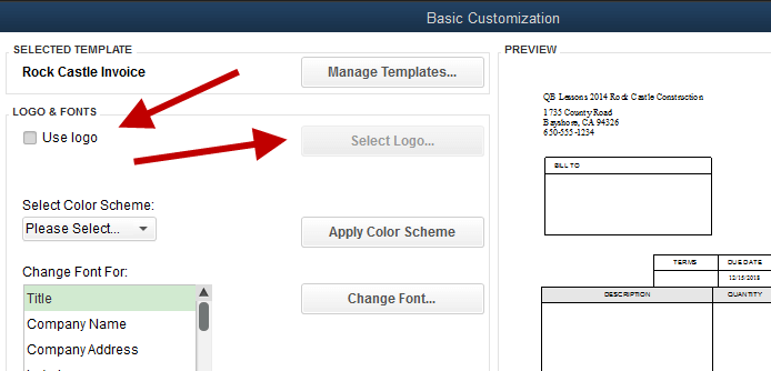 Logo upload feature in the basic customization window of QuickBooks template 