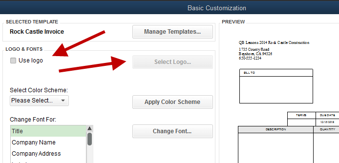 Logo upload feature in the basic customization window of QuickBooks template