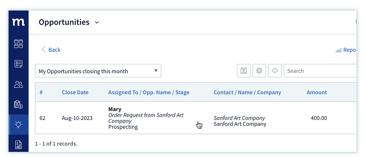 Repeat purchase request shown in a table from a customer from Sanford Art Company
