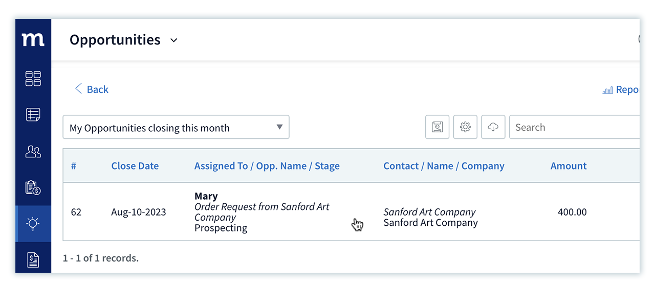 The 'Opportunities' screen showing a table with order requests including dates, company name, and amounts. 