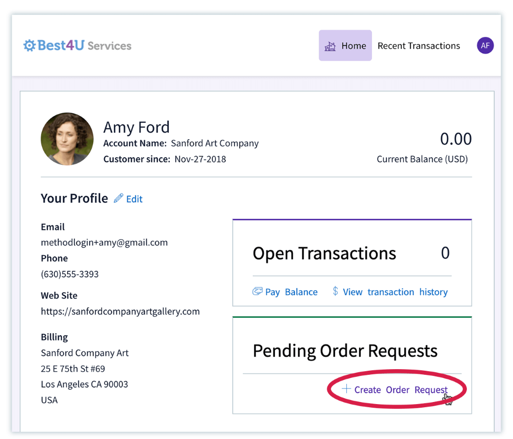 Profile of a customer called Amy Sanford showing a red circle around pending order requests