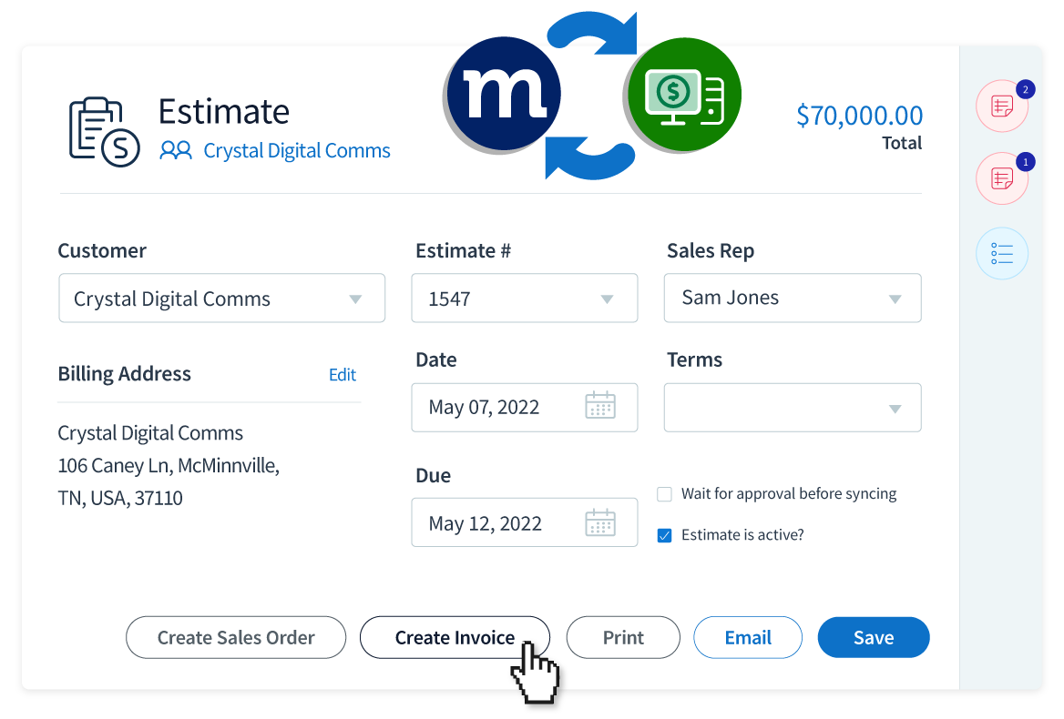 Estimate in Method, with a QuickBooks and Method sync iconography