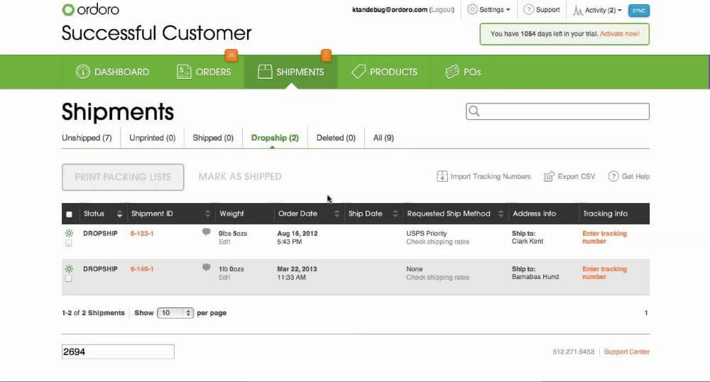 Shipments dashboard of Ordoro