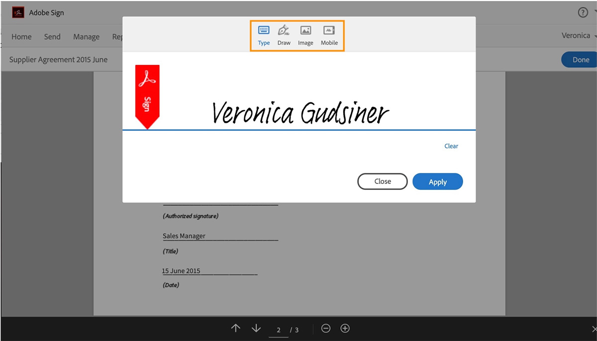 Screenshot of Adobe Sign with the example signature of "Veronica Gudsiner" written in the signature field.