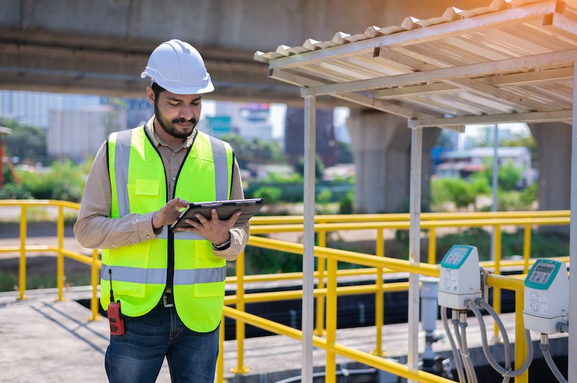 Man with construction helmet looks at tablet screen at construction site