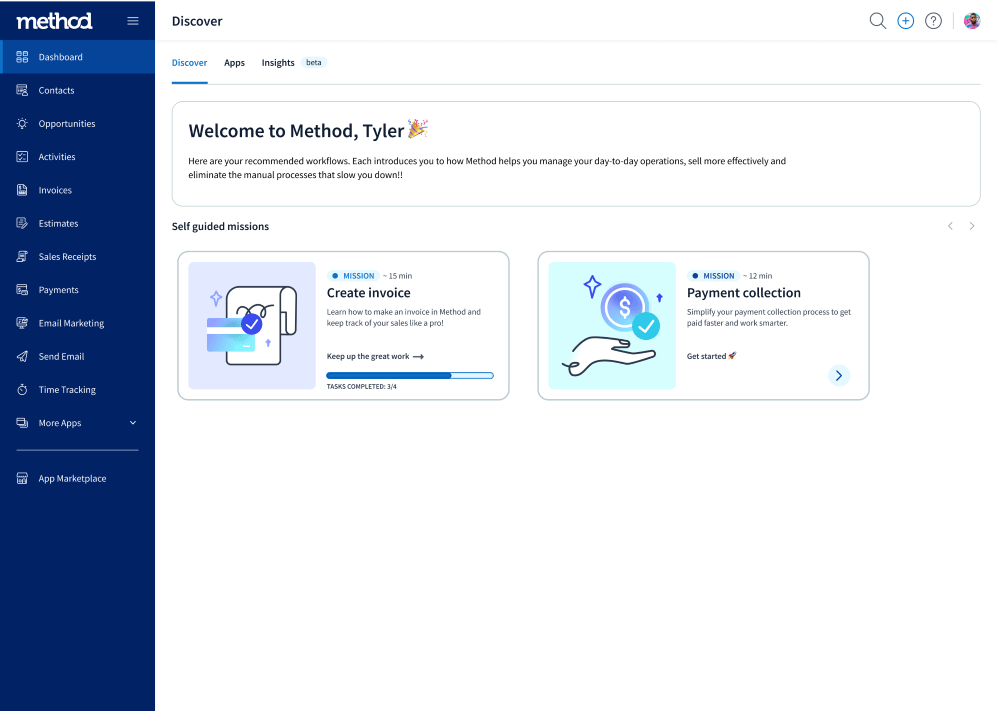 Discover Hub showing the 'create invoice' and 'payment collection' missions.