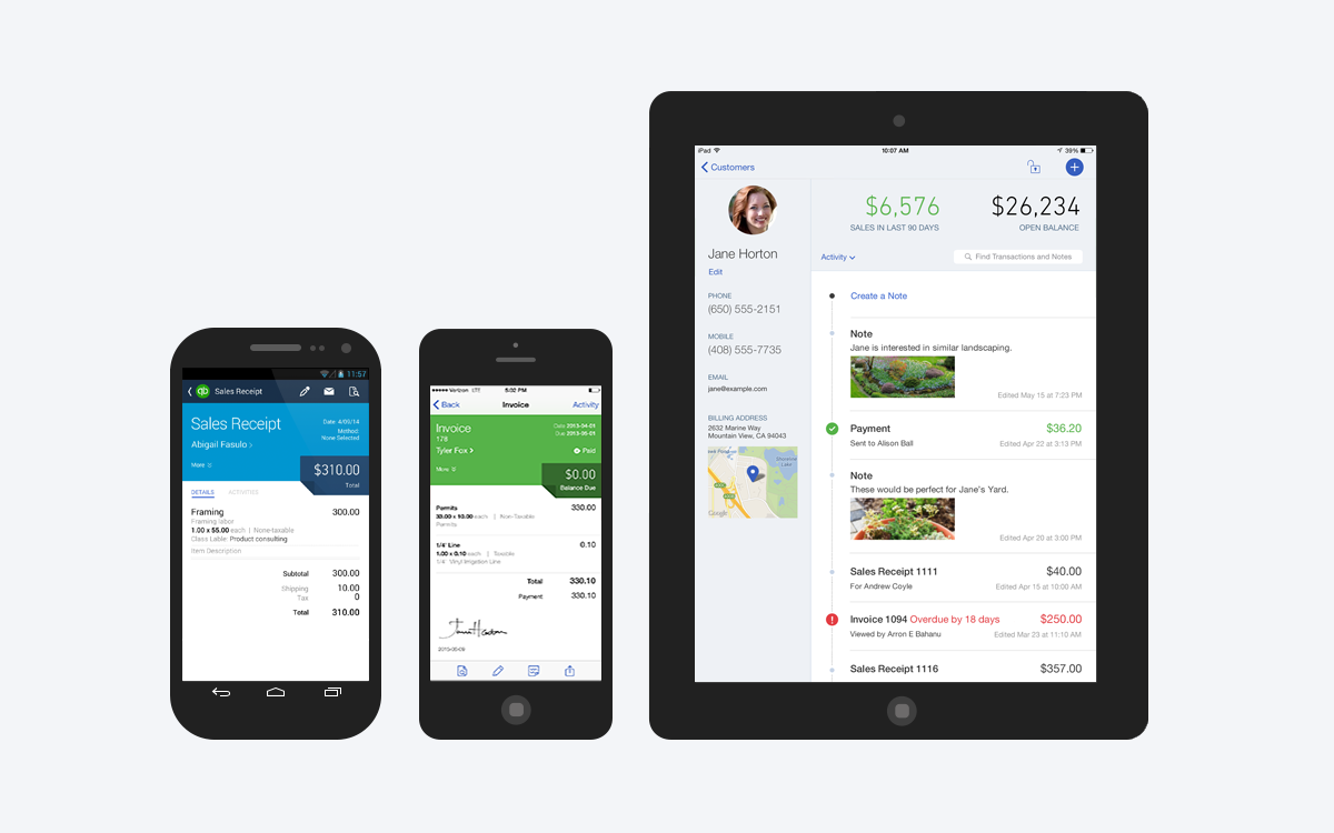 A picture of the iOS, Android, and a tablet version of QuickBooks Online.