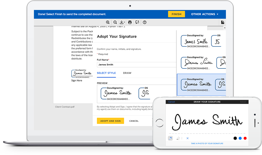 Screenshot of DocuSign showing the desktop and mobile versions of the app. The signature "James Smith" is shown as an example in the signature fields