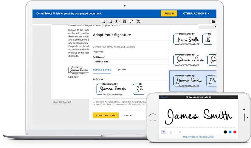 DocuSign E-Signature Connector showing the desktop and mobile versions. An example signature showing James Smith is written out