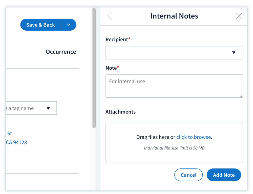 Internal notes box showing a dropdown to select a recipient along with notes and attachments to be added.
