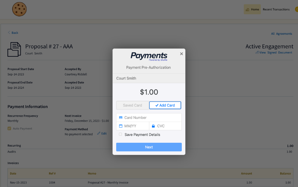 A payment pre-authorization box which requests payment card details.