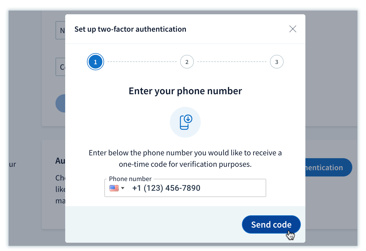 Two-factor authentication setup showing a box to enter your phone number to send the code to.