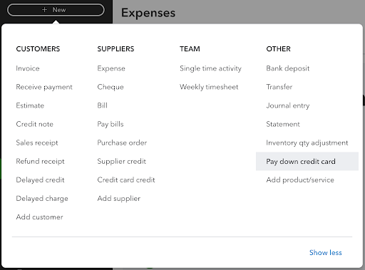 A screenshot of QuickBooks Online + New menu with "Pay down credit card" highlighted.