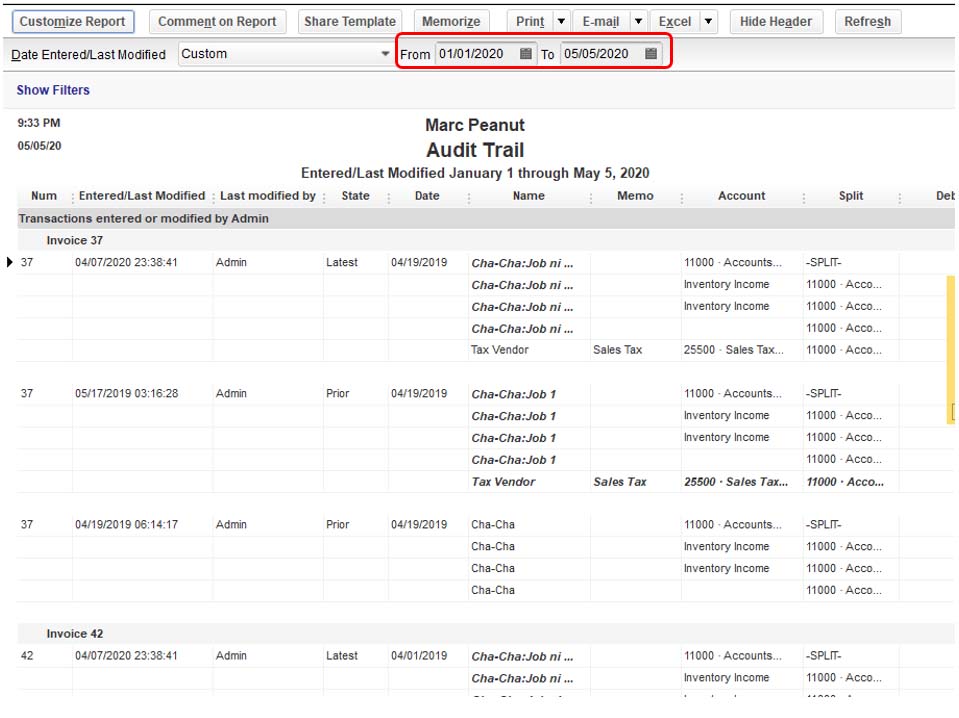 A screen capture of the audit trail report in QuickBooks Desktop. The "From" and "To" dates at the top of the screen are surrounded by a red box.