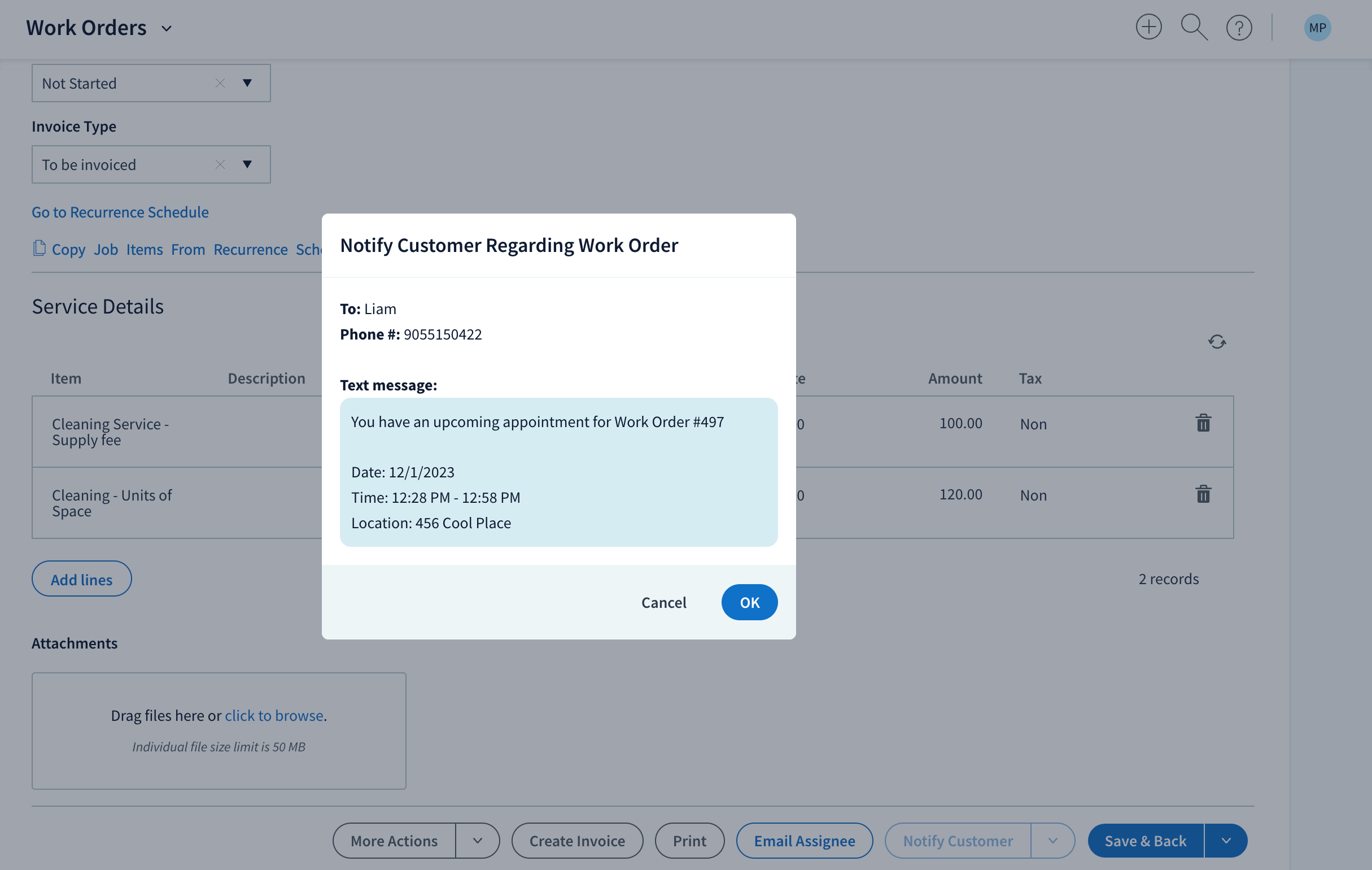 Method dialogue box that asks to notify customer regarding a work order.