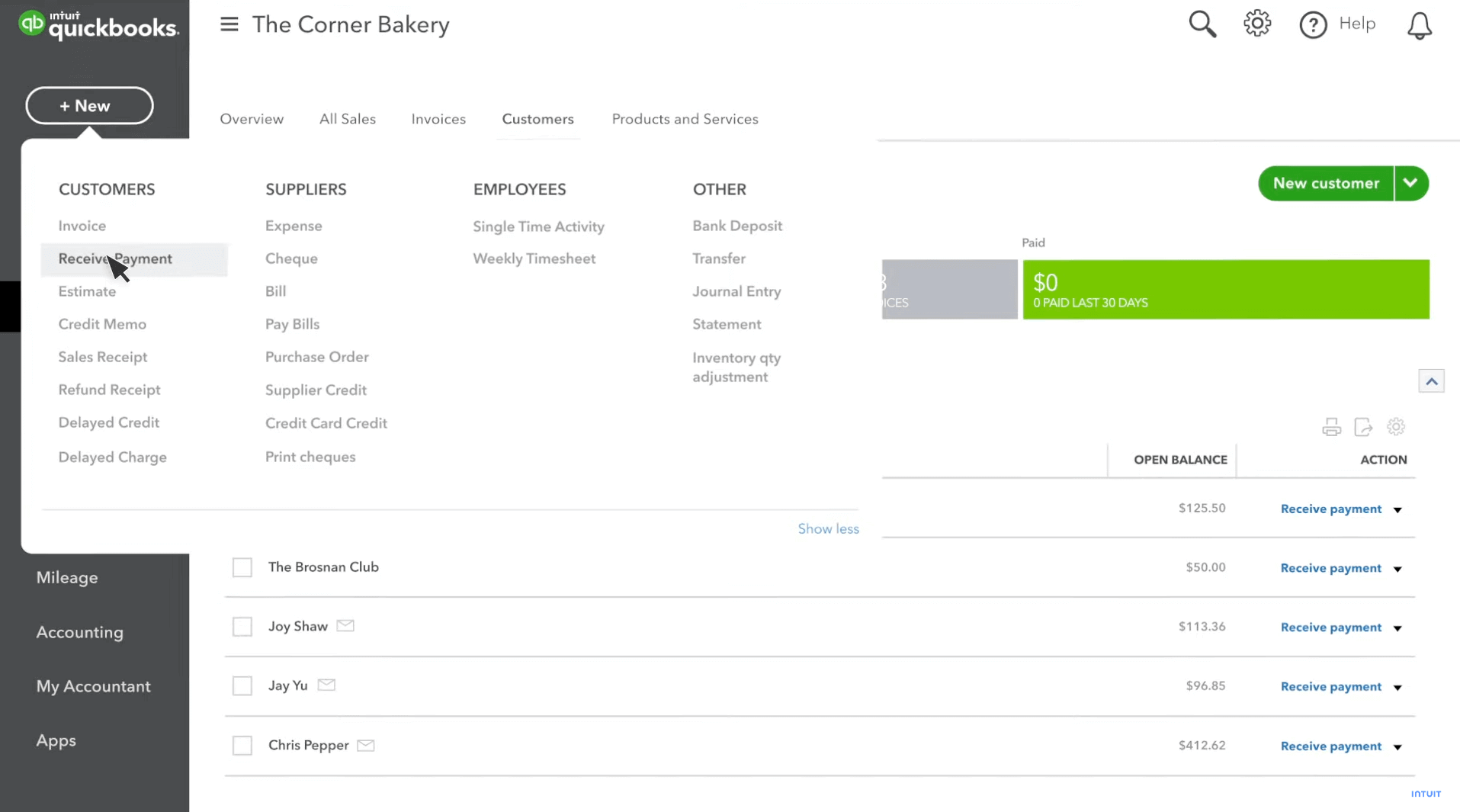 Screenshot of QuickBooks Online receive payment dashboard