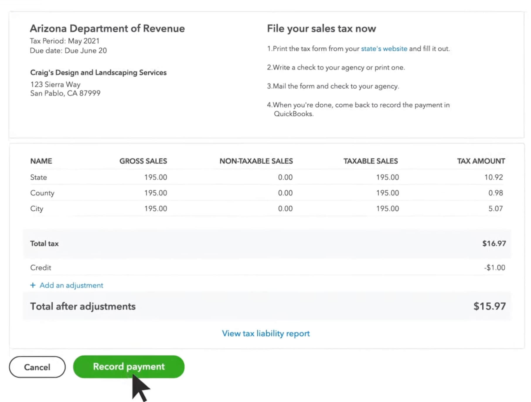 Record sales tax payment screen on QuickBooks 