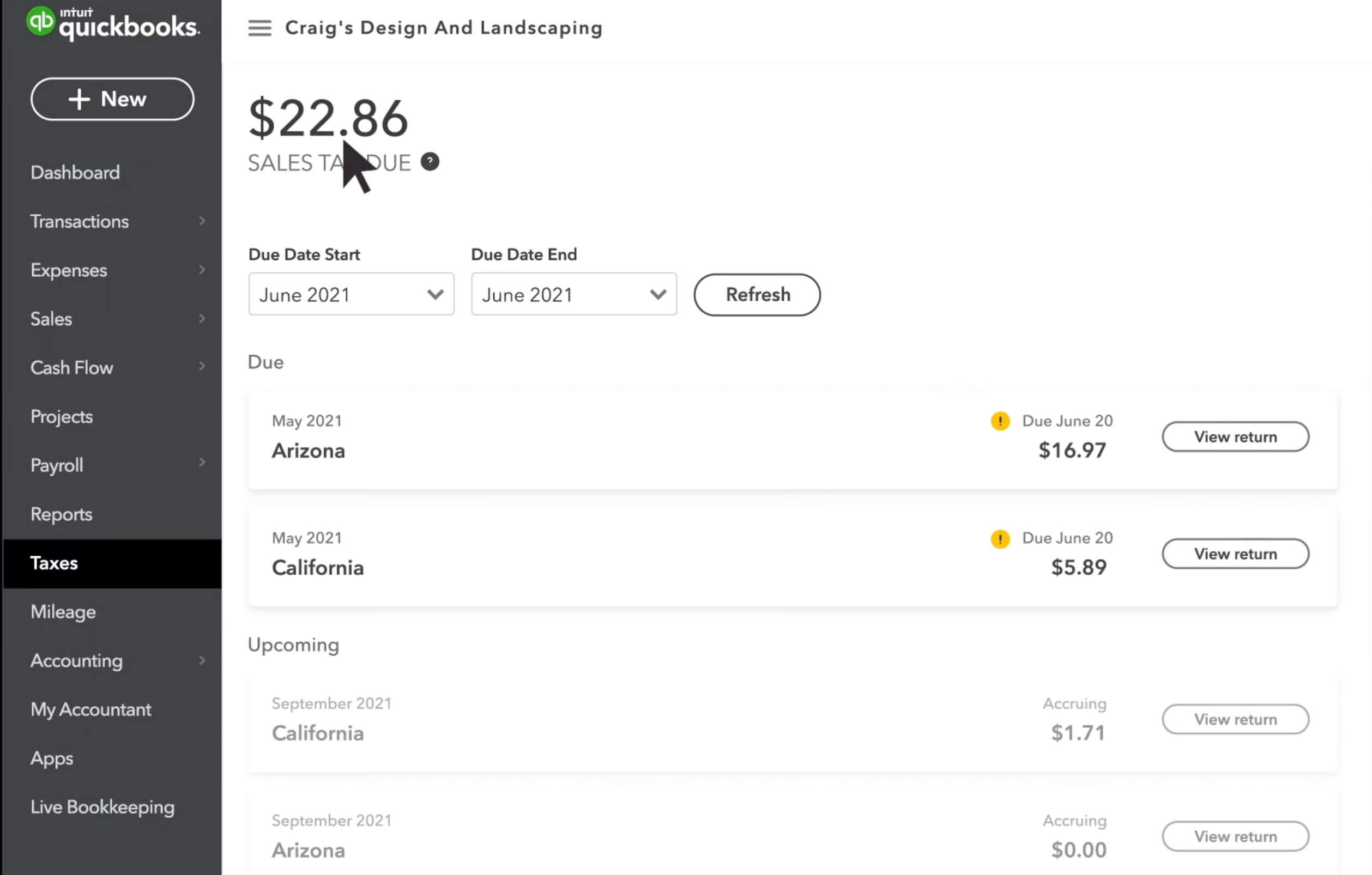 Dashboard of QuickBooks Taxes