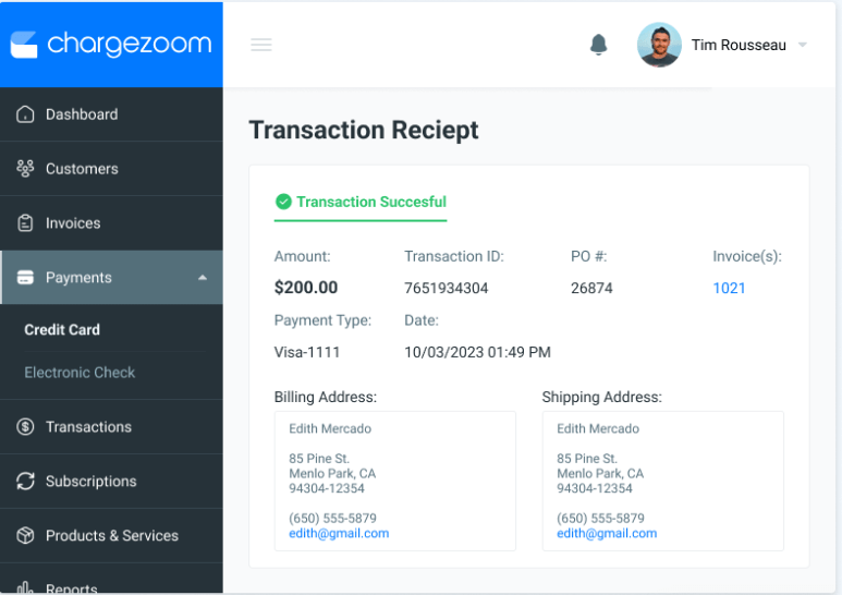 Screenshot of ChargeZoom online payment terminal