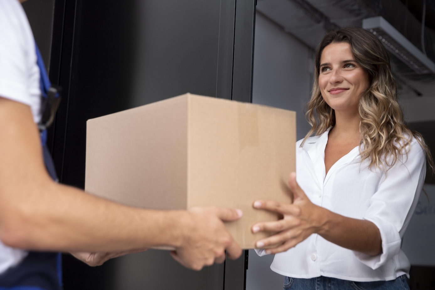 close-up of woman receiving pack in doorway