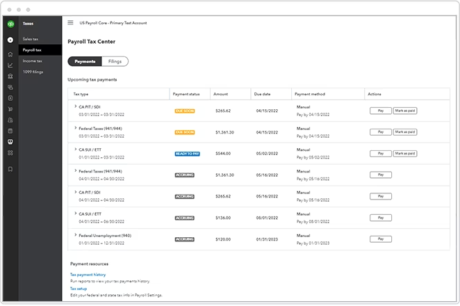 Screenshot of QuickBooks payroll dashboard