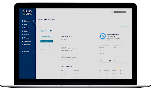 Screenshot of BuildOps software's dashboard on a laptop.