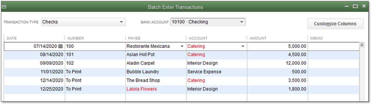 QuickBooks bulk transactions