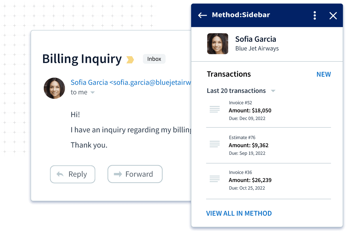 Customer email in Outlook requesting billing information and Method:Sidebar with billing history.