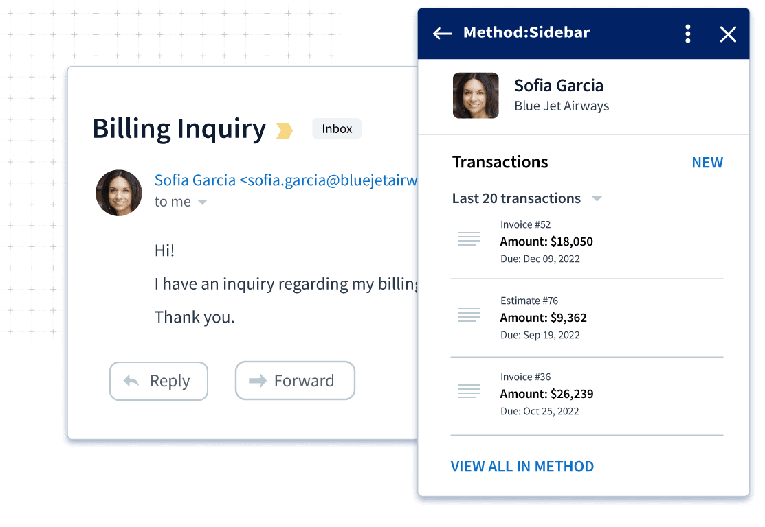 Customer email in Outlook requesting billing information and Method:Sidebar with billing history. 